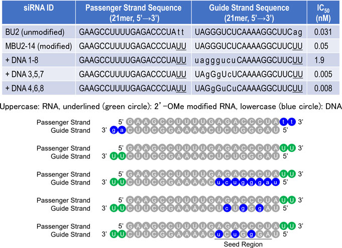 IC50 comparison results by substitution pattern of seed region DNA-modified siRNAs