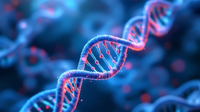 siRNA設計技術や核酸医薬研究をイメージしたDNA二重らせんの概念図